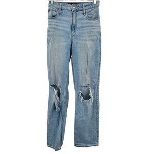 Hollister Ultra High Rise Dad Jeans Light Wash Blue Womens Size 5L Tall Ripped!!